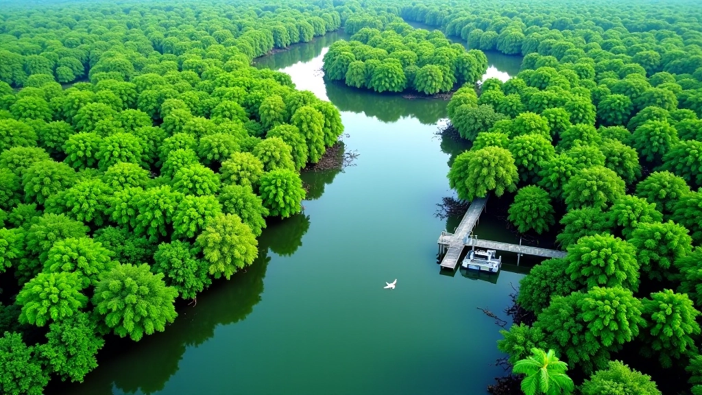 Vista aérea de los canales de manglar en Jobos de Isabela mostrando la red intrincada de vías navegables entre los árboles
