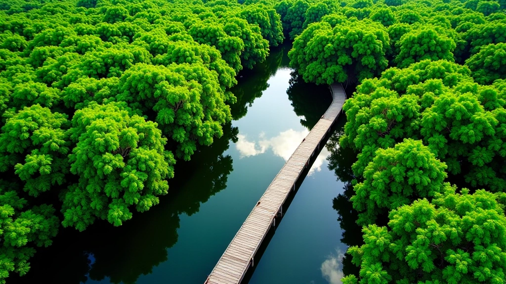 Pasarelas de madera entre canales de manglar en Jobos de Isabela con vegetación tropical