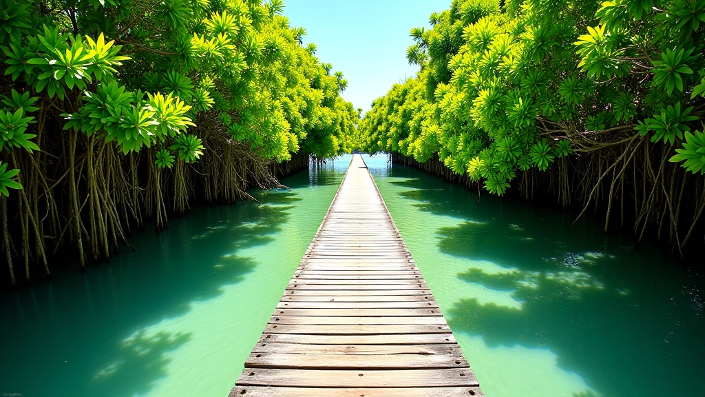 Pasarela de madera atravesando un canal rodeado de mangles verdes con agua clara debajo