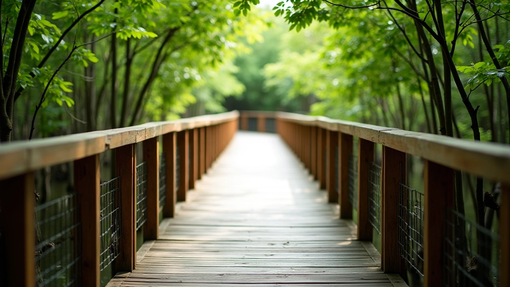 Pasarela de madera bien mantenida rodeada de manglar verde exuberante, con barandillas de seguridad visibles, luz natural filtrada entre las hojas